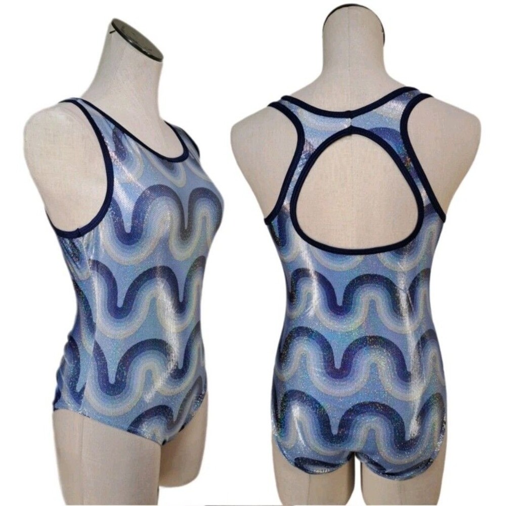 Satara VTG Metallic Rolling Waves Keyhole Tank Leotard Blue Foiled AL Adult L